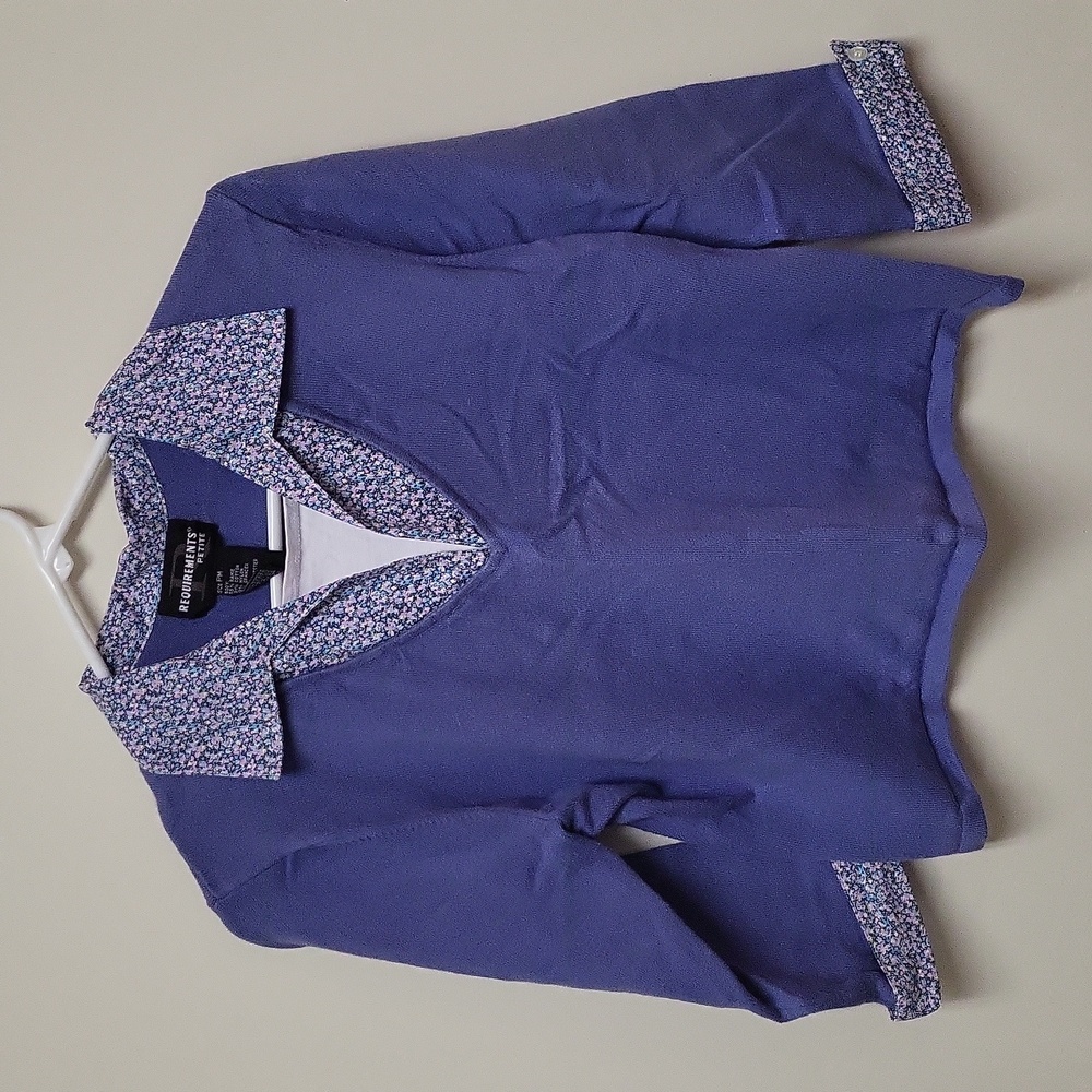 Requirements 3/4 Sleeve Periwinkle Sweater with Shirt Collar and Sleeve Ends